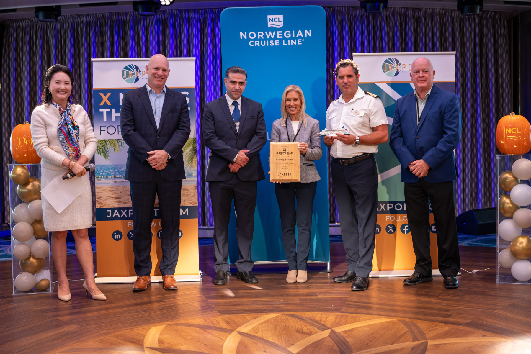 City and port leaders join Norwegian Cruise Line to celebrate Norwegian Gem’s first voyage from Jacksonville during a ceremony on board. (Image at LateCruiseNews.com - November 2025)