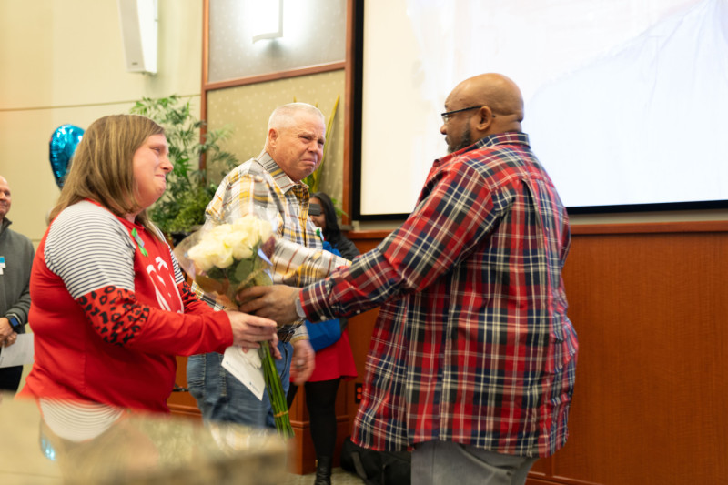 Patrick expresses his gratitude while meeting donor Toby's sister and father.