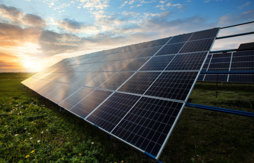 Image shows close up of solar panels in field (Shutterstock)