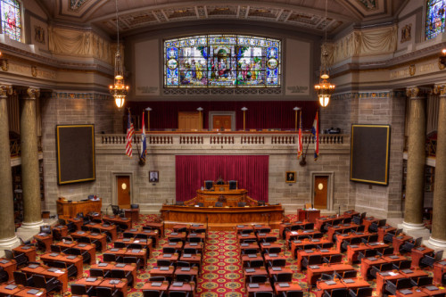The Missouri House of Representatives Chamber in the Missouri State Capitol Building located in Jefferson City, Missouri