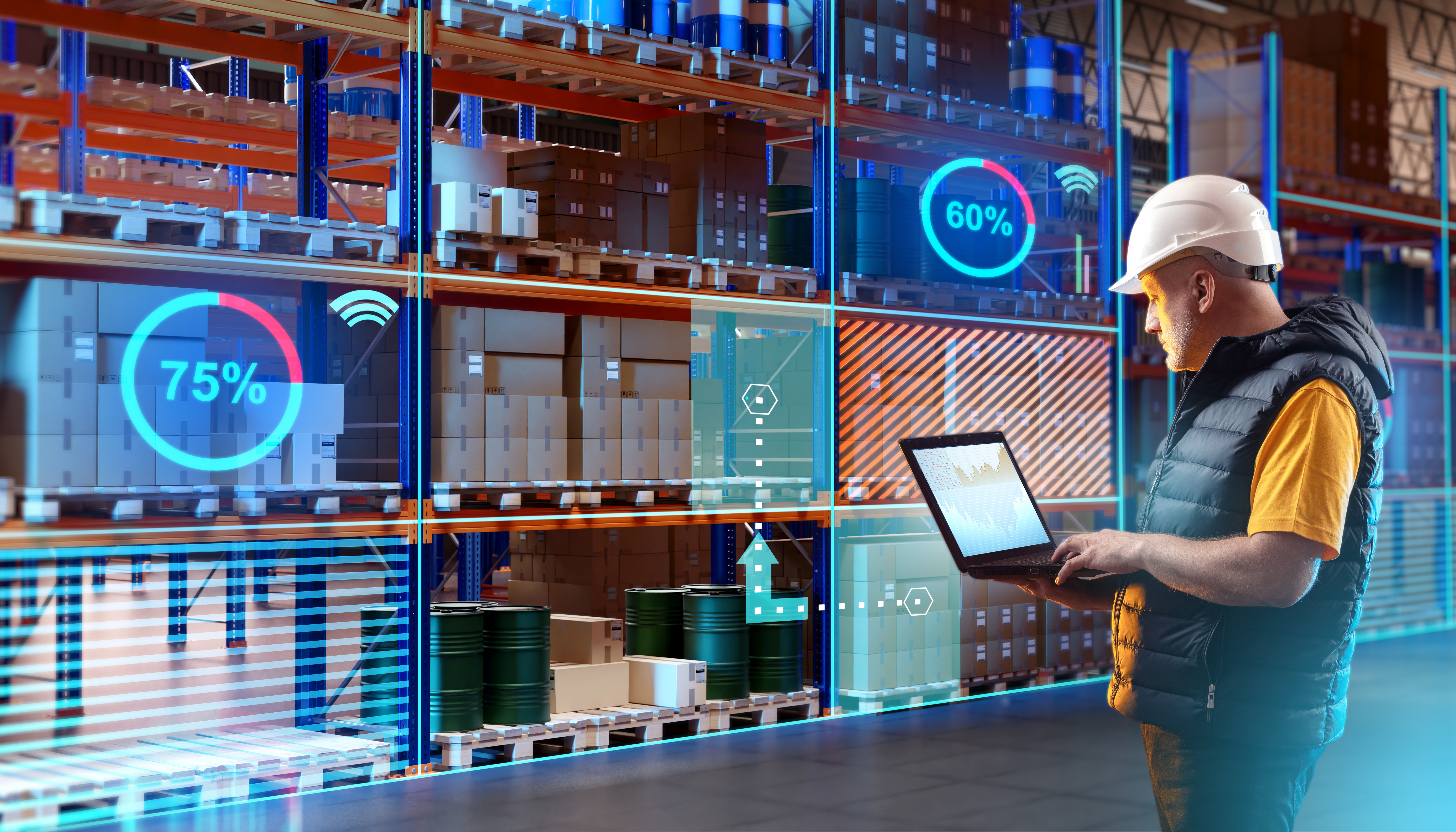 Logistics professional reviewing shipment data on a laptop in a warehouse