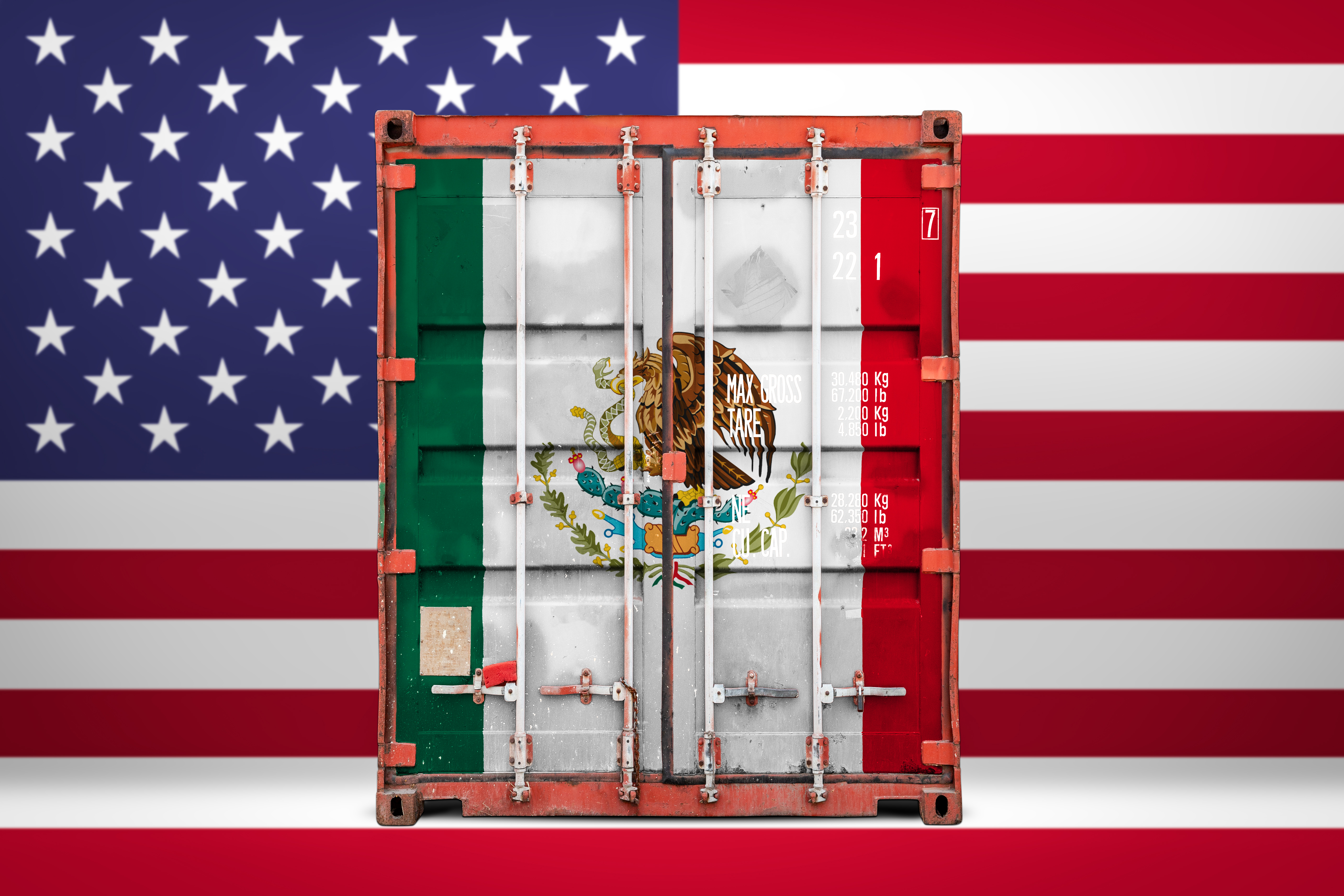 Shipping container with the Mexican flag in front of the U.S. flag representing U.S.-Mexico cross-border freight.