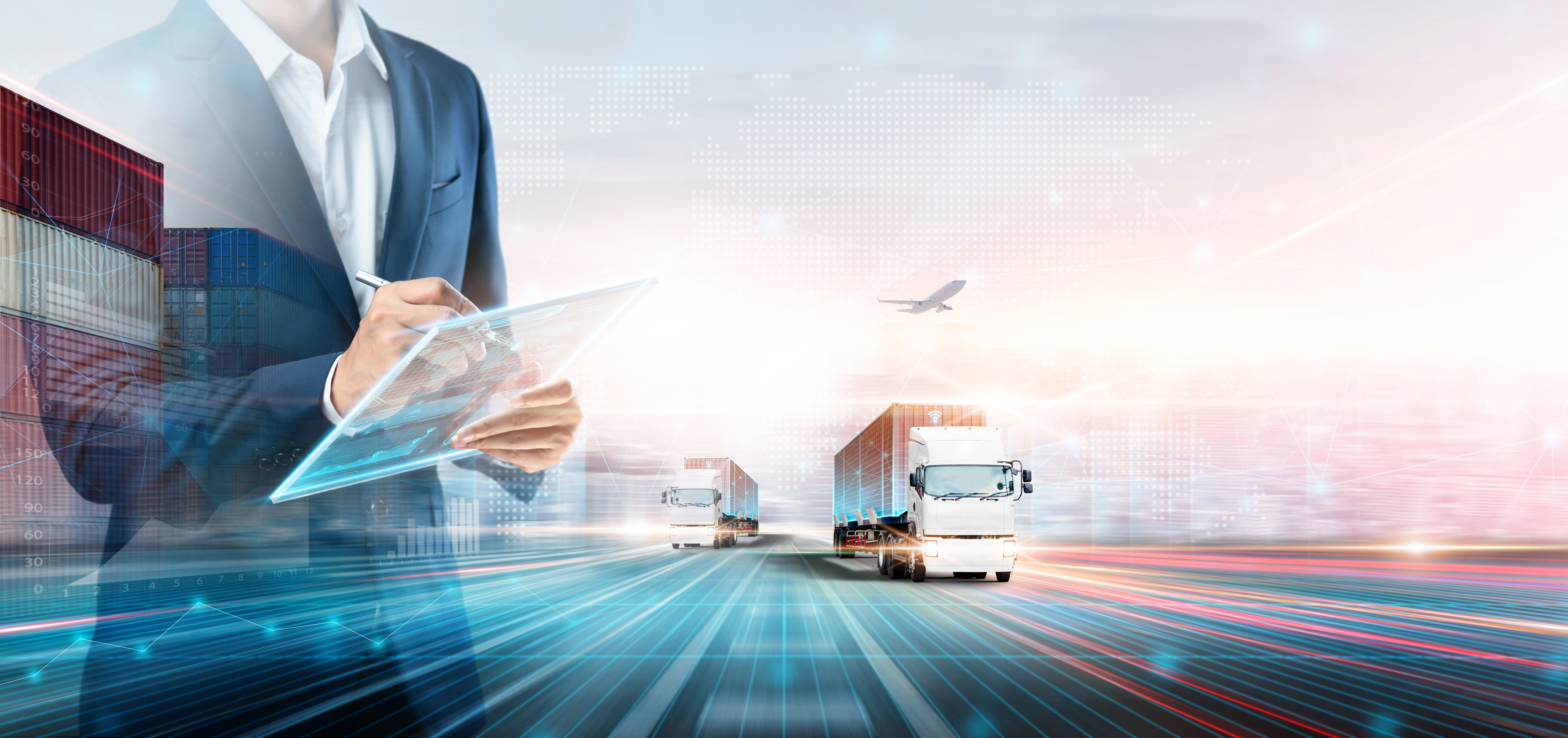 Logistics professional using digital tablet with trucks and containers representing AI-driven supply chain