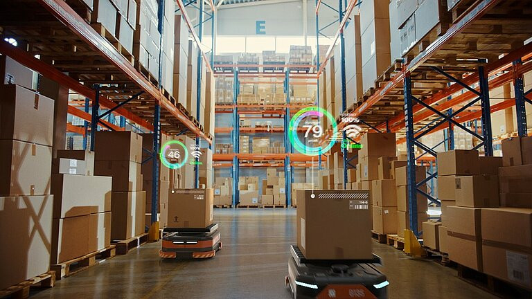 Automated robots transporting boxes in a high-tech smart warehouse with digital efficiency and tracking metrics overlaid.